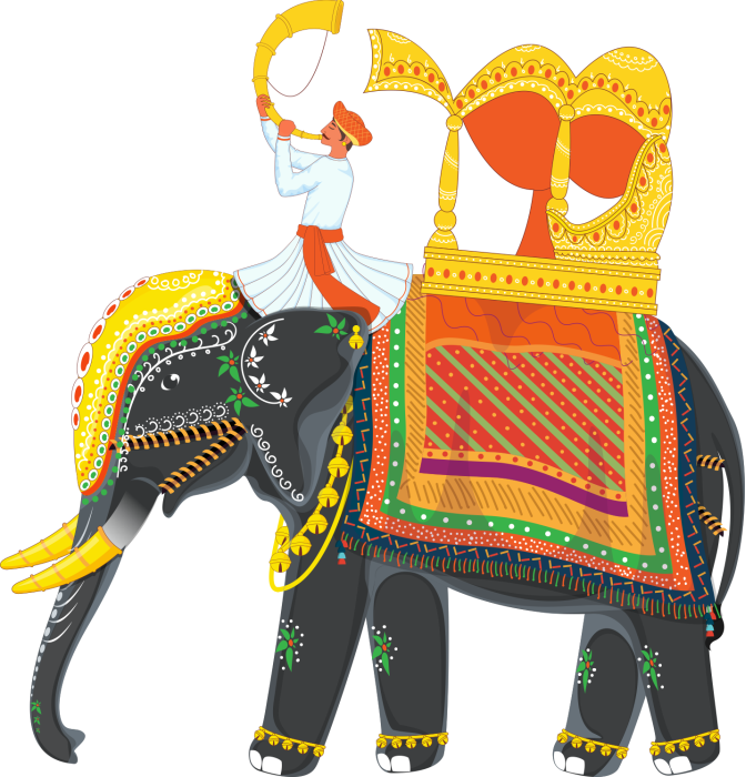 A ceremonial elephant, painted and caparisoned, carrying a rider