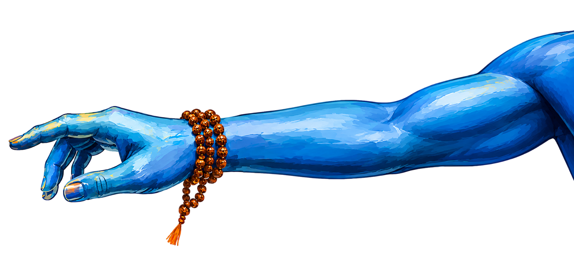 The hand of Lord Shiva, wound with rudraksha beads, reaching towards Goddess Parvati.