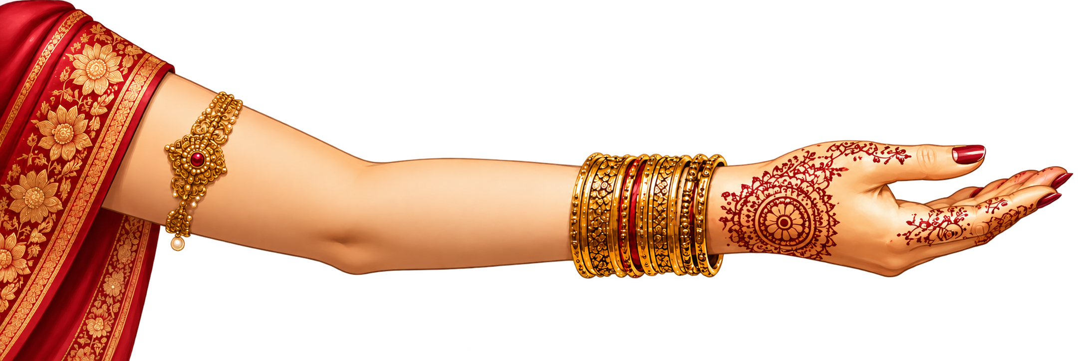 The hand of Goddess Parvati, adorned with gold bangles and mehndi, reaching towards Lord Shiva.