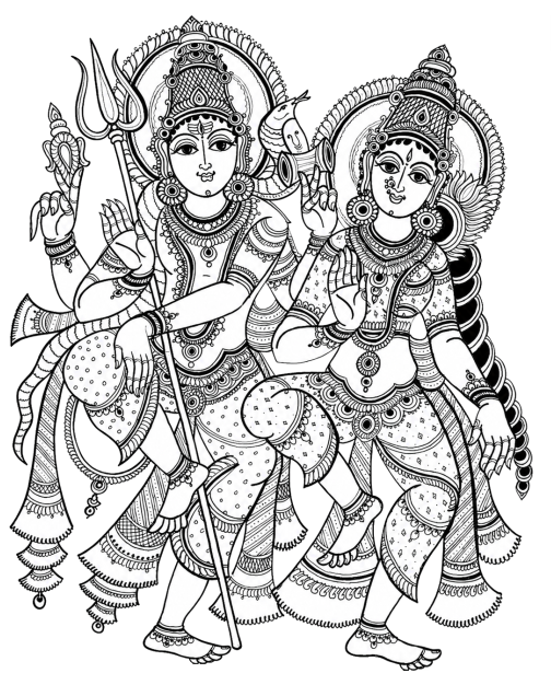 A line drawing of Lord Shiva and Goddess Parvati standing together.